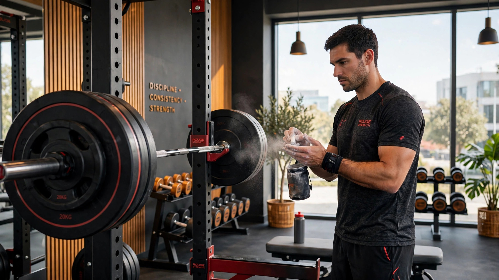 Lifter chalking his hands beside a loaded barbell in a squat rack, pausing to assess before his next set