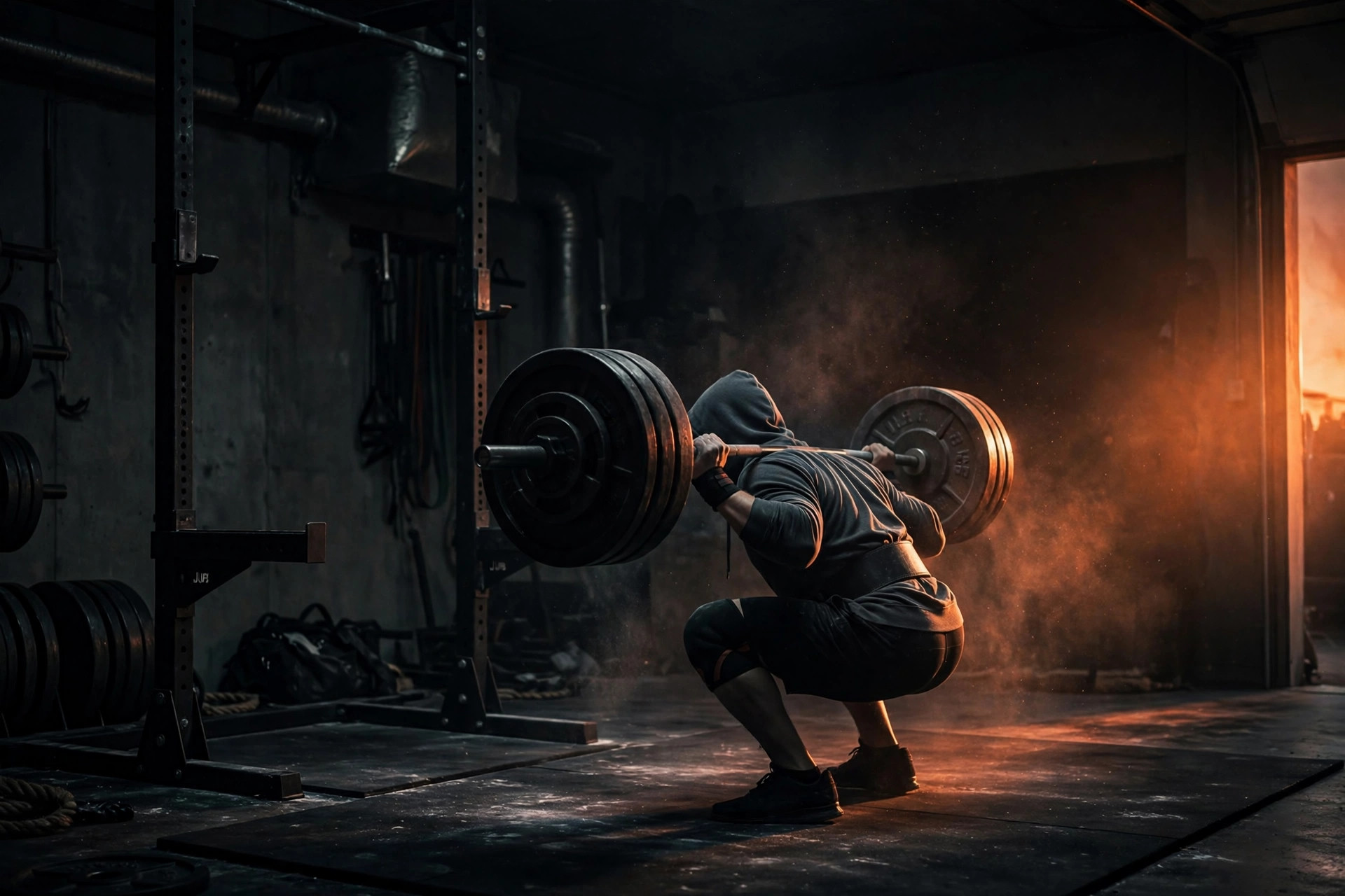 Lifter in a dark garage gym at the bottom of a heavy barbell back squat, chest up, knees tracking over toes, barbell loaded with plates, chalk dust in the air