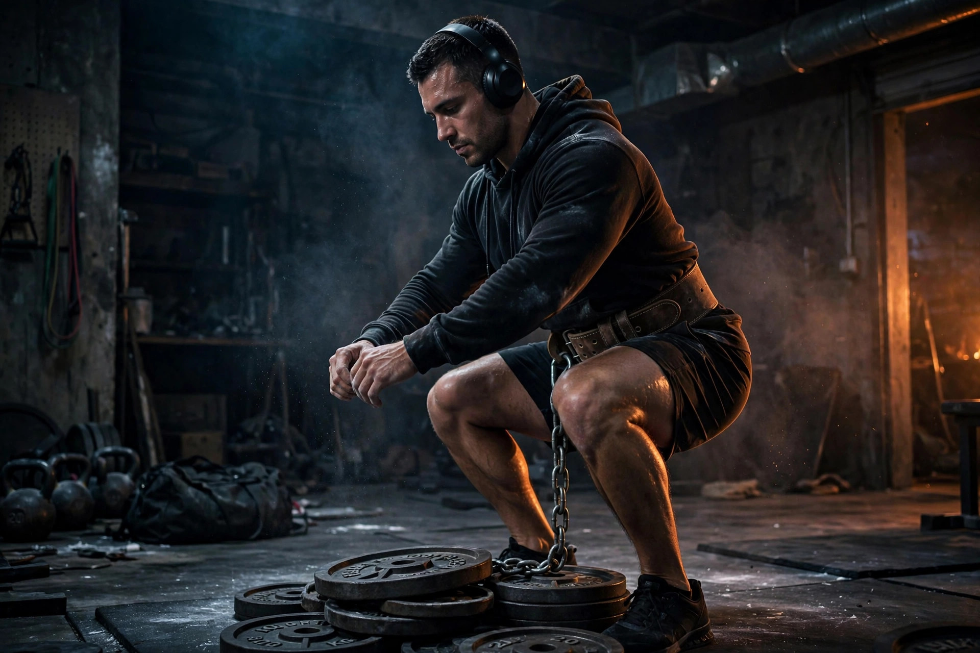 Lifter in a dark garage gym at the bottom of a heavy belt squat, leather belt around the hips with a chain hanging to loaded weight plates, upright torso, chalk dust in the air