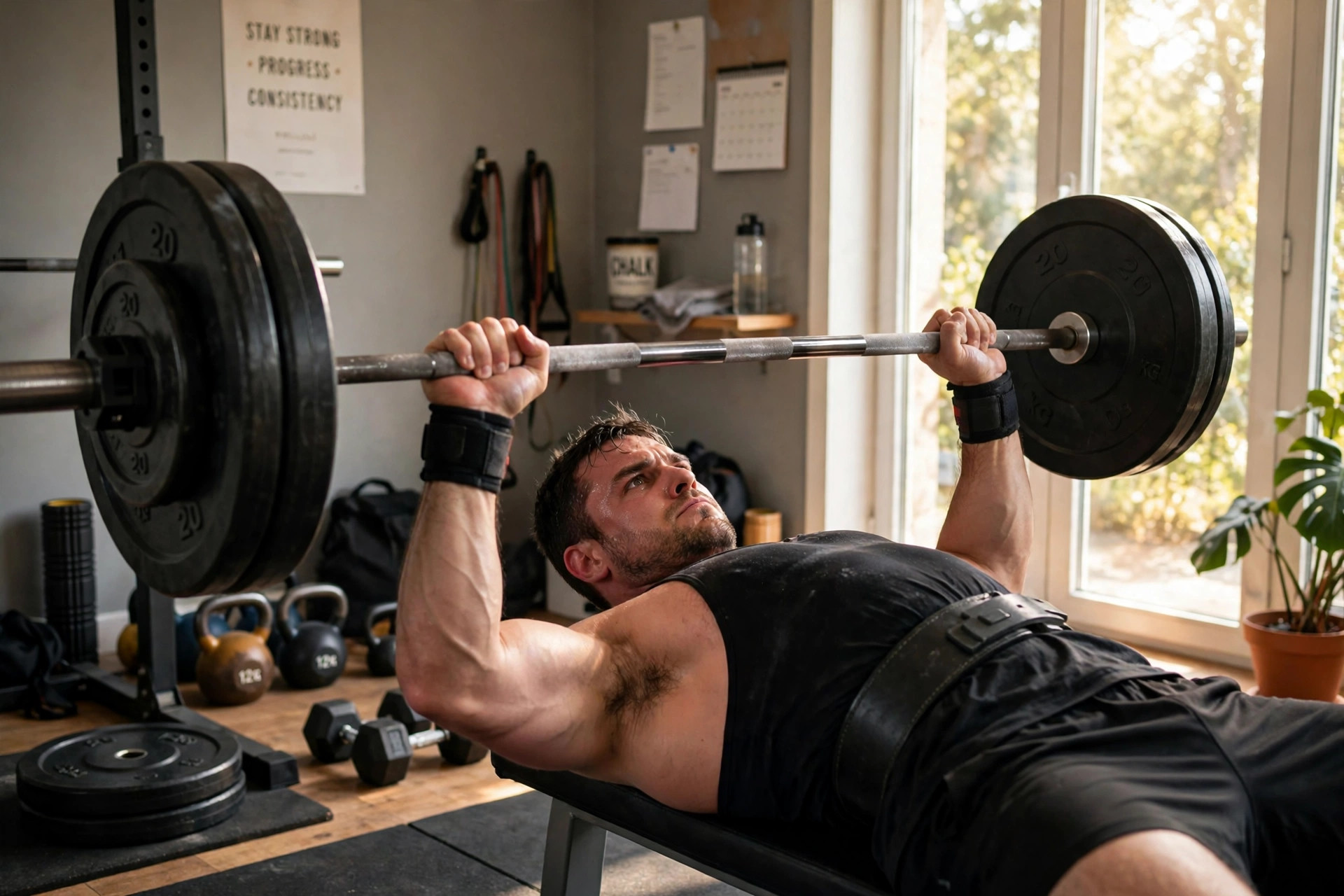 Lifter mid-rep bench pressing a loaded barbell in a bright home gym, warm natural daylight, focused heavy pressing