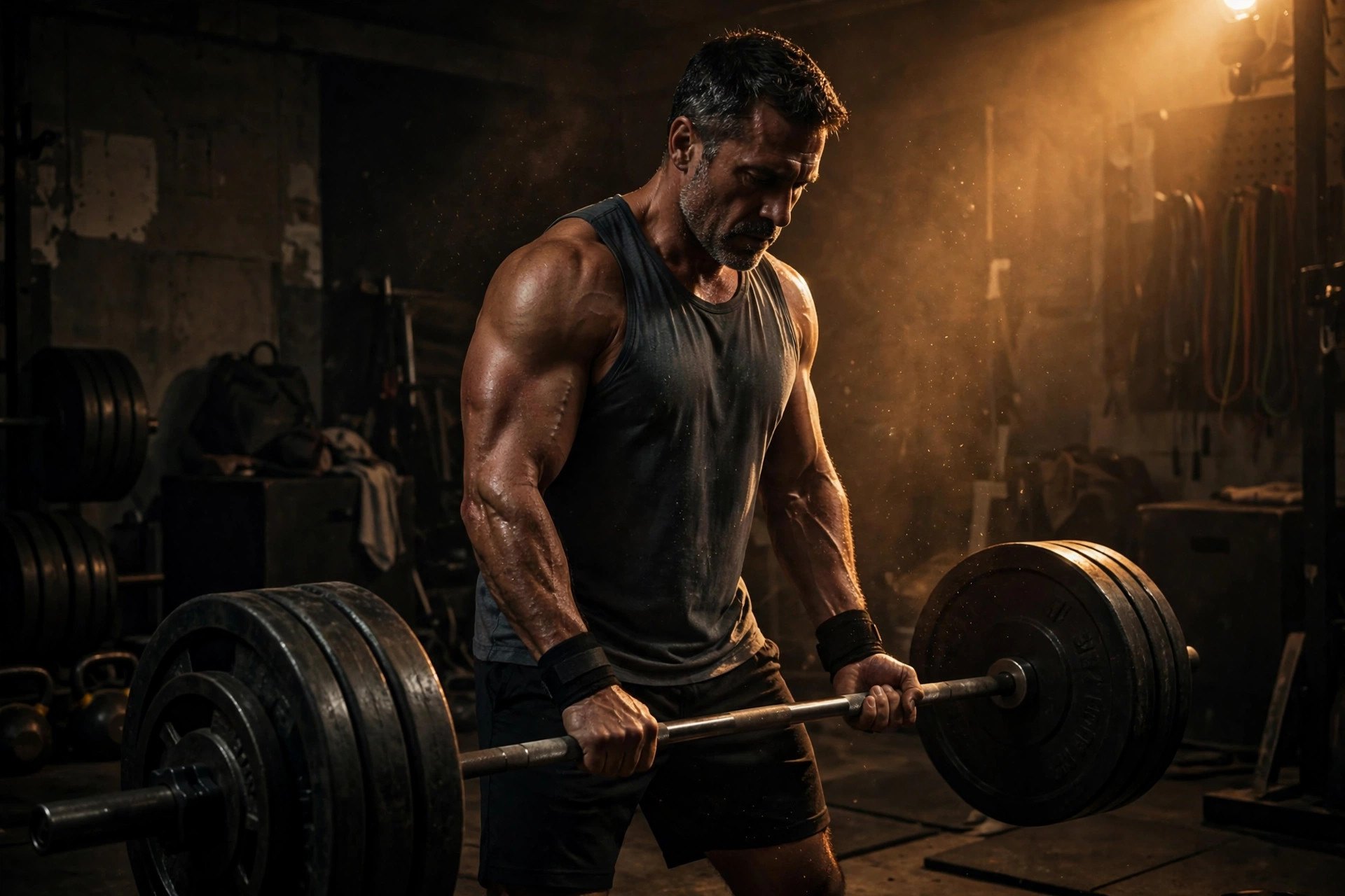 Muscular middle-aged lifter in a dark garage gym standing between two sides of training — gripping a loaded barbell with chalk dust in the air, dramatic lighting, strength and physique training contrast