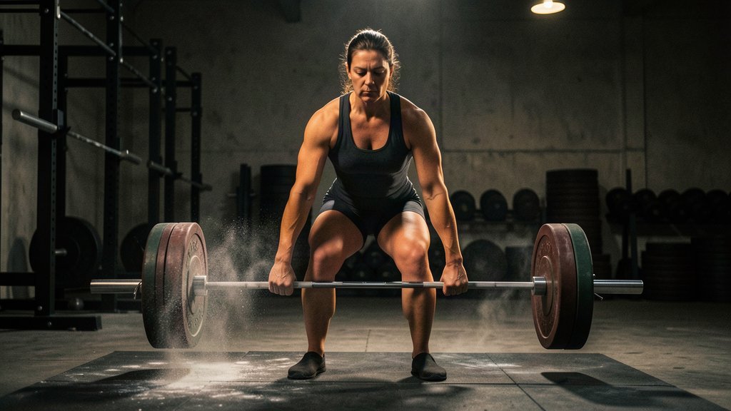 Female powerlifter mid-deadlift, gripping a heavy barbell with chalk dust swirling in a dimly lit gym