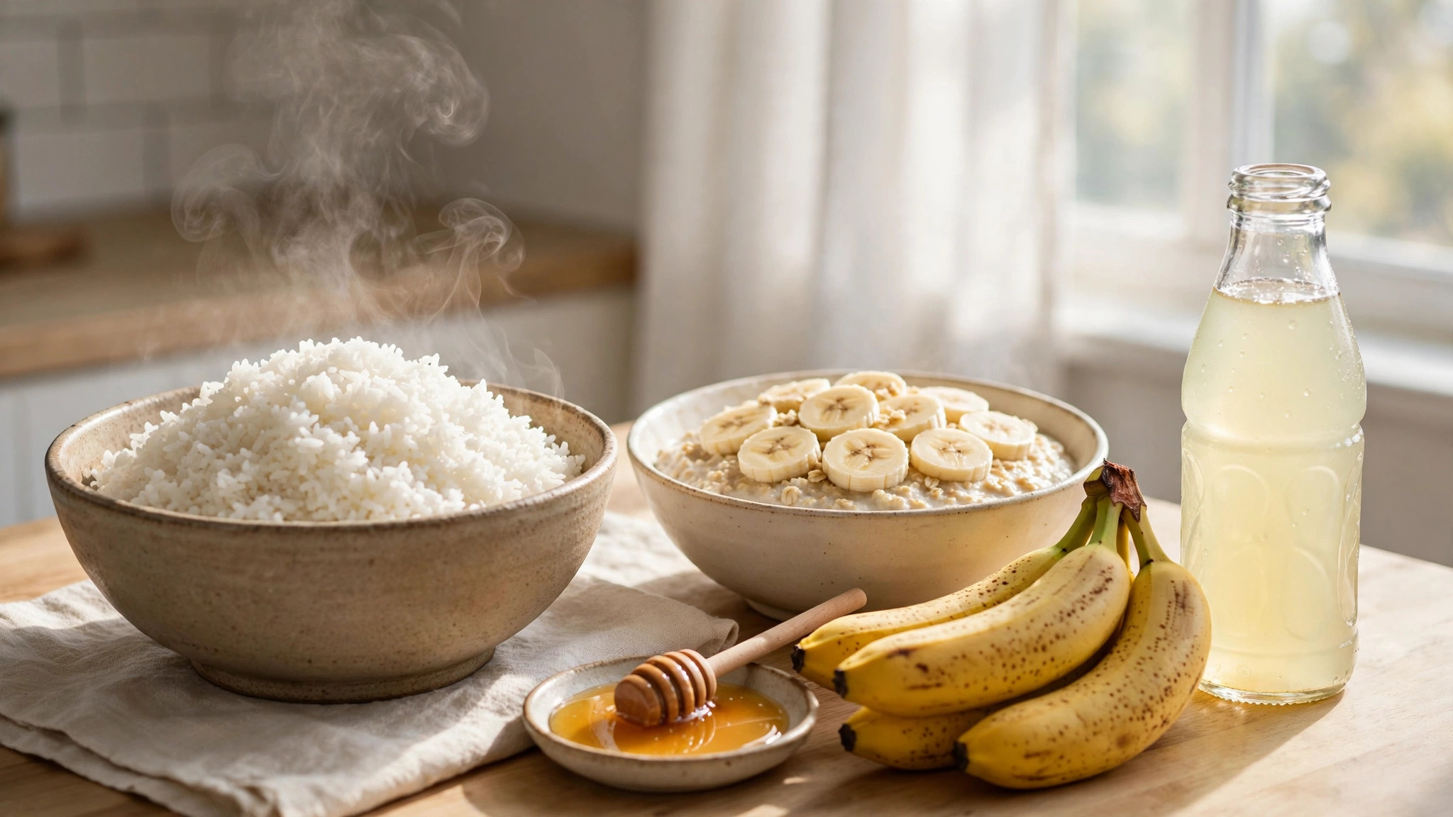 Bowls of steaming rice and banana oatmeal with honey, bananas, and a sports drink on a kitchen table