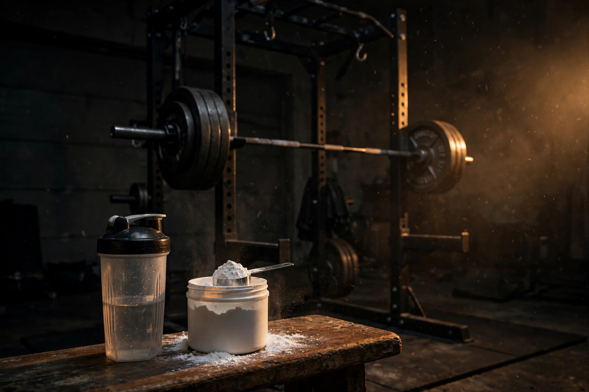 Shaker bottle and an open tub of white creatine powder with a scoop on a wooden bench beside a loaded barbell in a dark garage gym, warm amber lighting