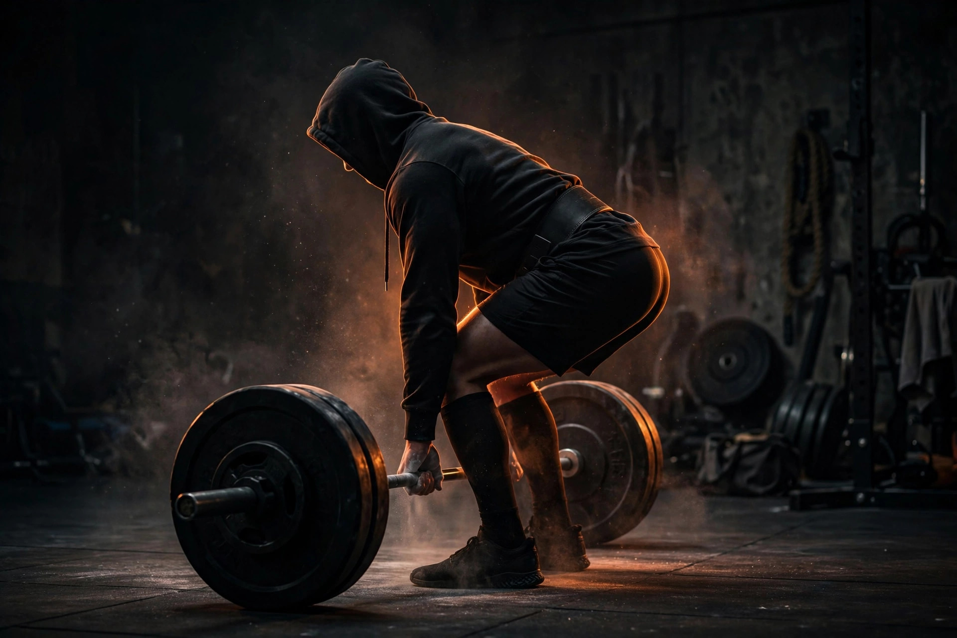 Lifter in a dark garage gym hinged over a loaded barbell, flat back, gripping the bar just off the floor, chalk dust in the air