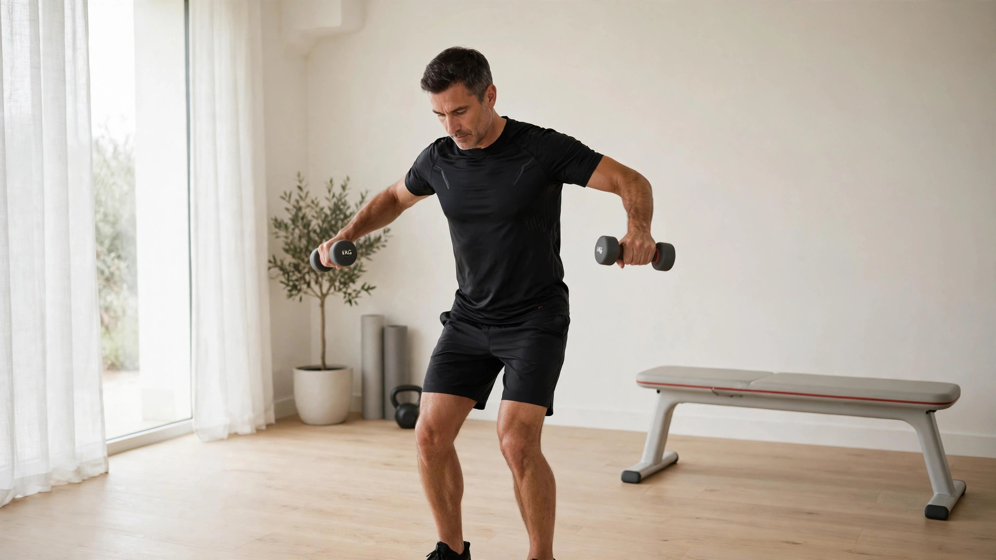 Lifter performing light dumbbell lateral raises in a bright home gym during a recovery week
