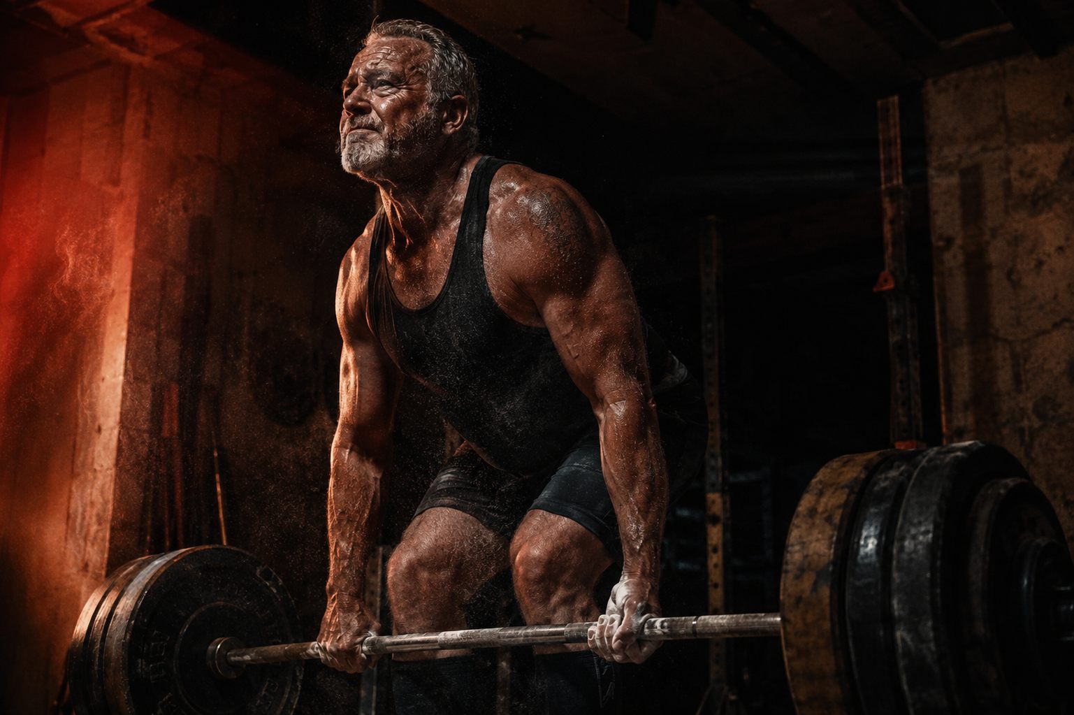 Masters athlete mid-squat in a gritty garage gym