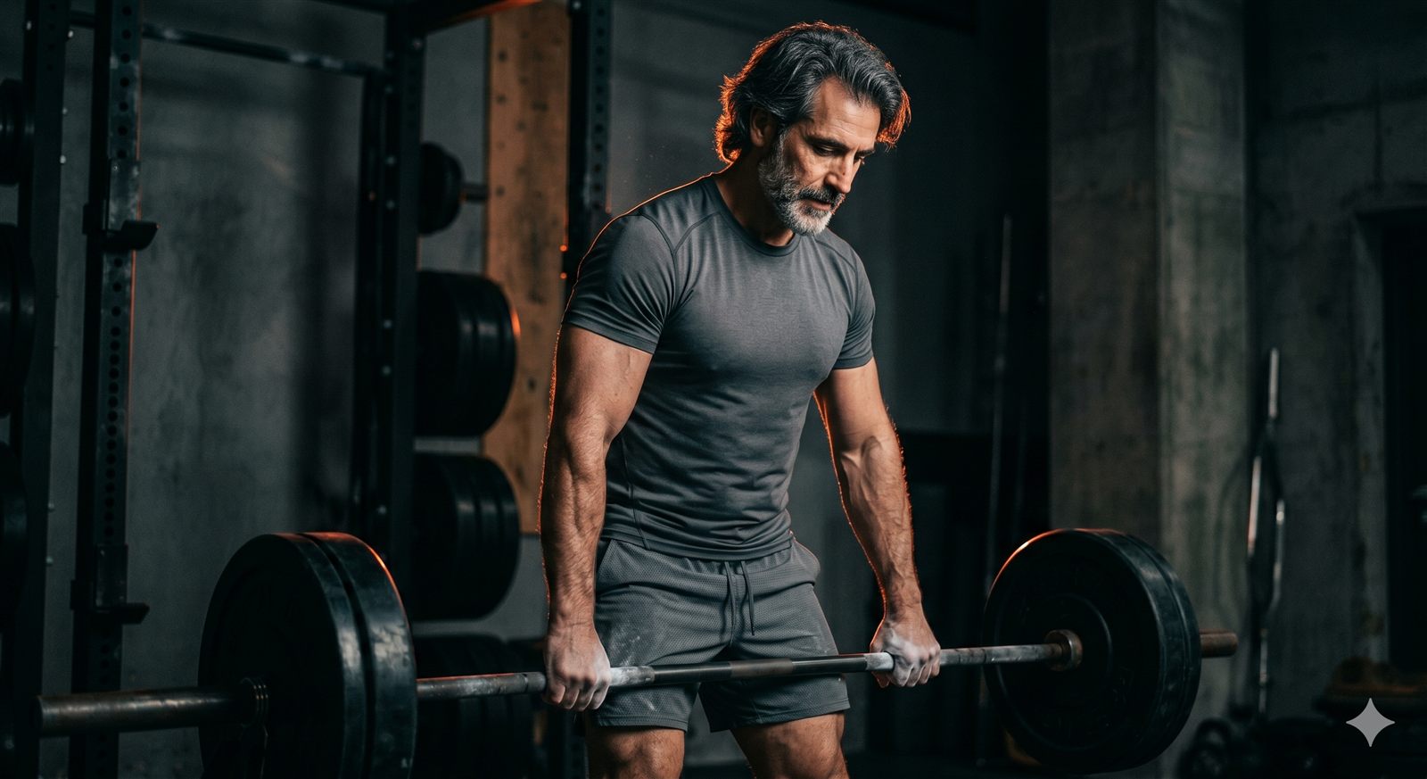 Masters powerlifter chalked and set up over a barbell in a dark gym