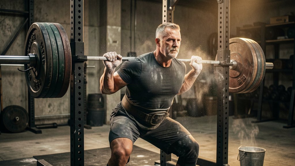 Older lifter in a weight belt performing a heavy back squat in a gritty, dimly lit gym