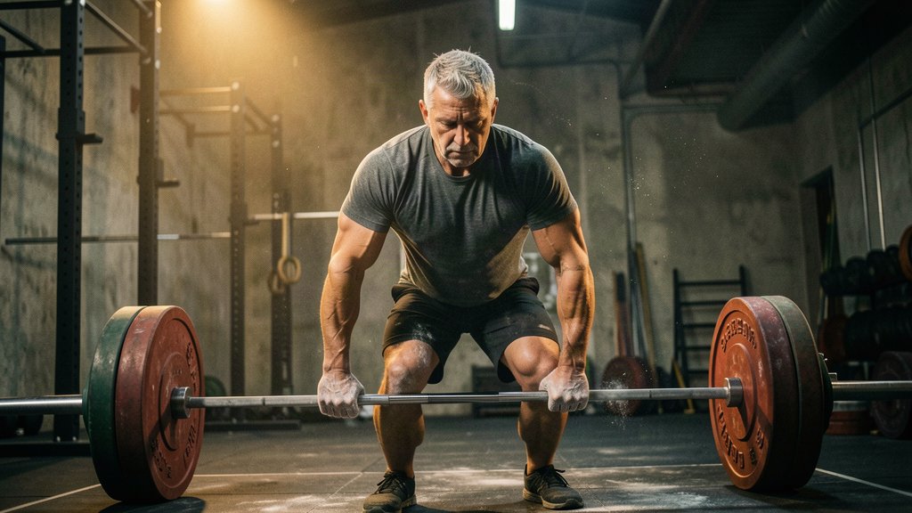 Older lifter with graying hair deadlifting a heavy red-plated barbell in a dim industrial gym
