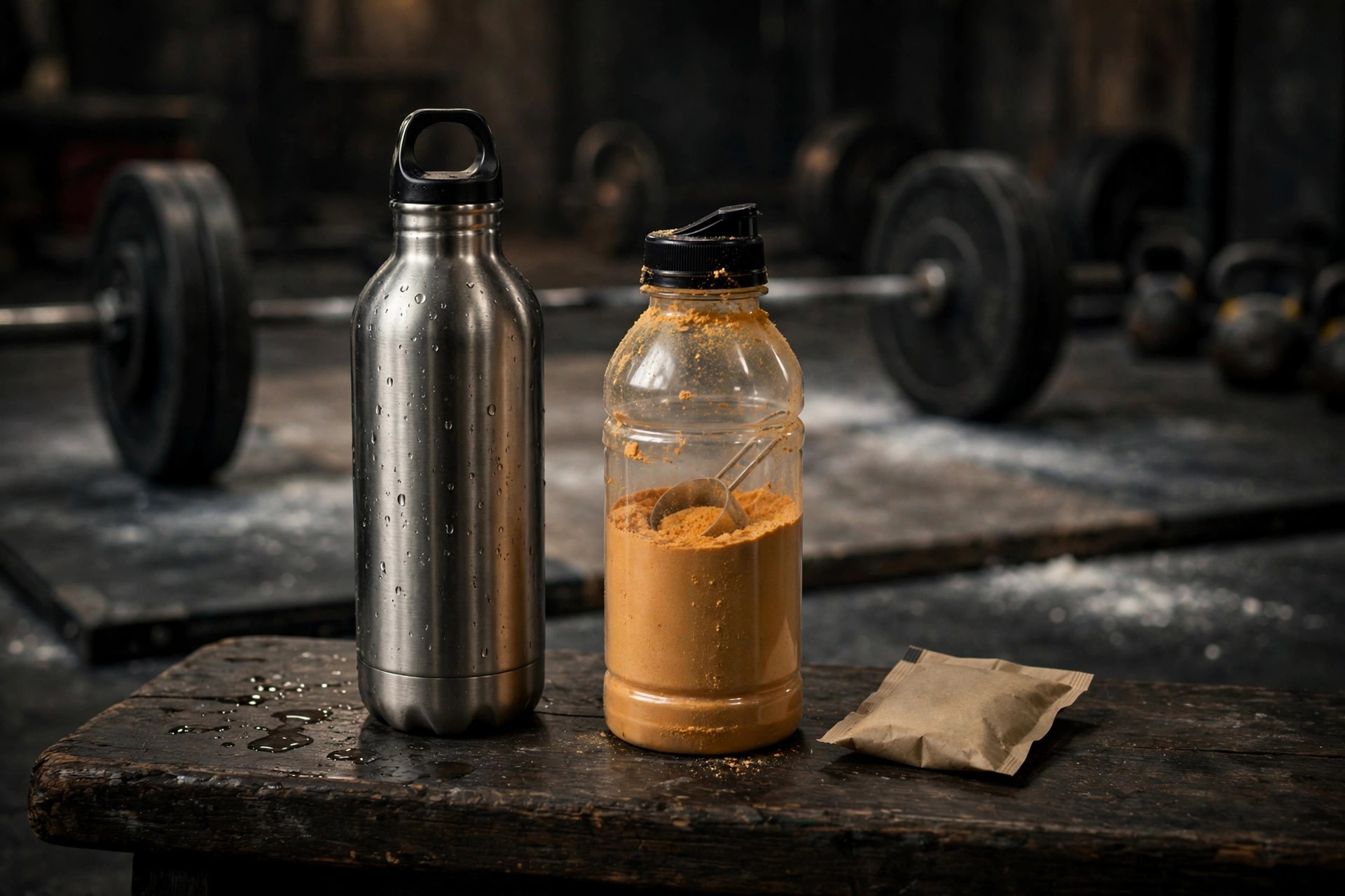 A stainless steel water bottle, an electrolyte drink bottle with orange powder, and a salt packet on a dark gym bench with a loaded barbell blurred behind it
