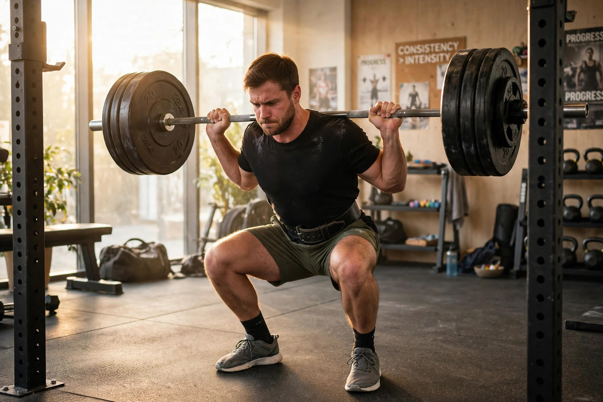 An intermediate lifter grinding through a heavy barbell squat in a bright gym, warm natural daylight
