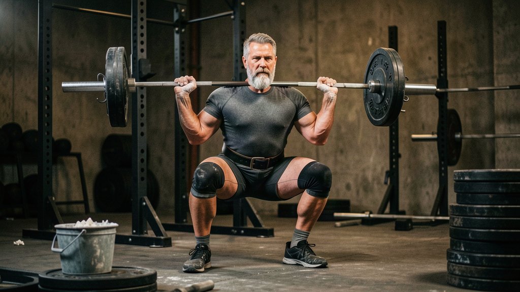 Muscular older man with a grey beard performing a heavy back squat in a gym