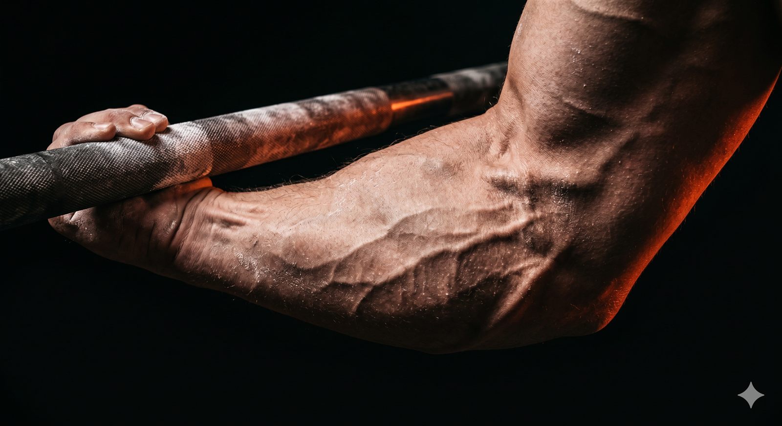 Close-up of a lifter's chalked forearm and elbow under heavy load