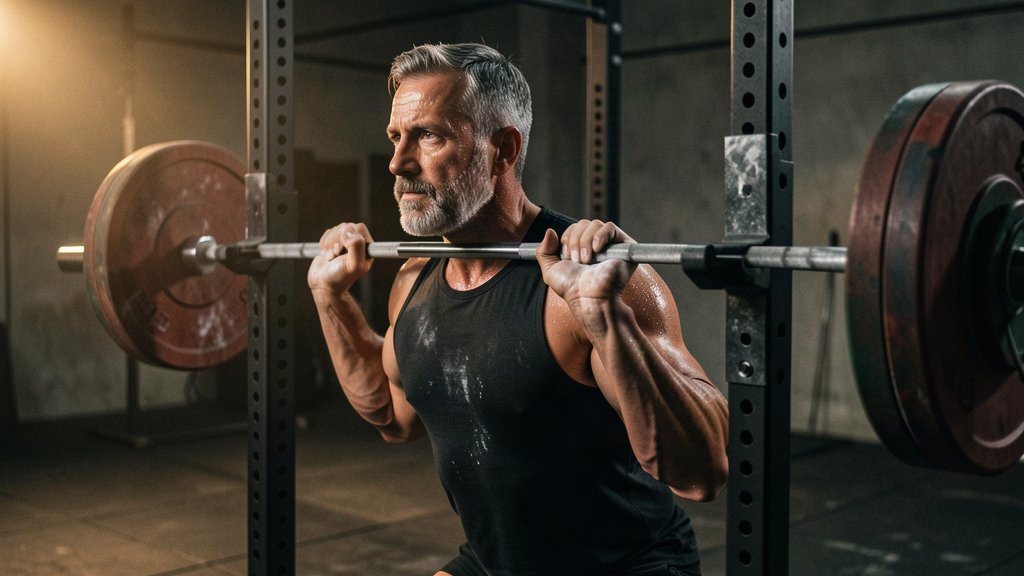 Muscular older man with graying hair performing a heavy barbell back squat inside a power rack