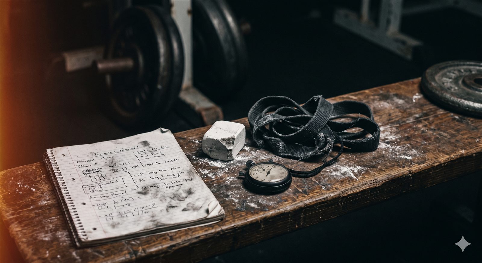 Chalk, straps and a handwritten training plan on a gym bench