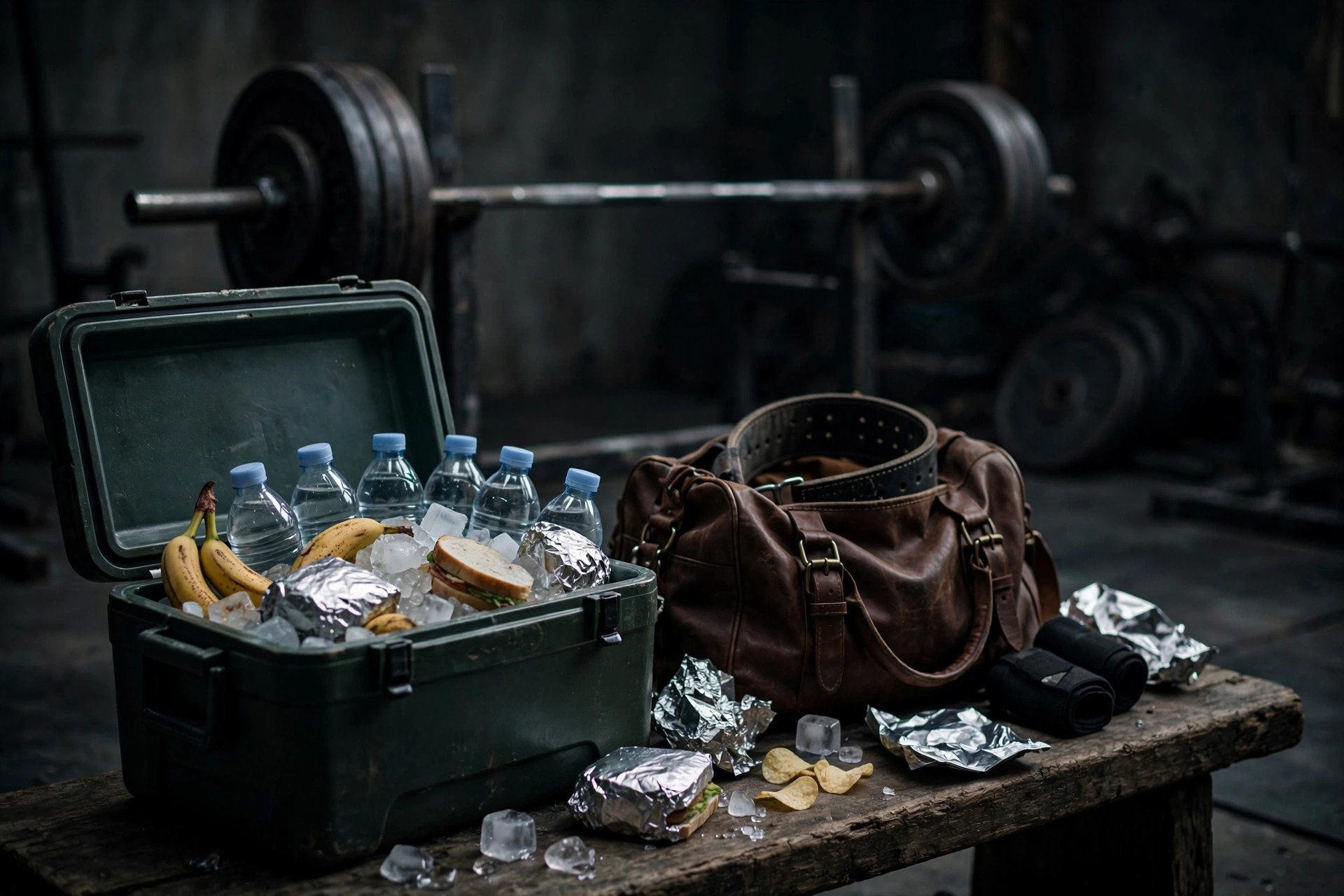 An open cooler packed with bananas, water bottles, and foil-wrapped sandwiches on a bench at a dimly lit powerlifting venue with a loaded barbell behind it
