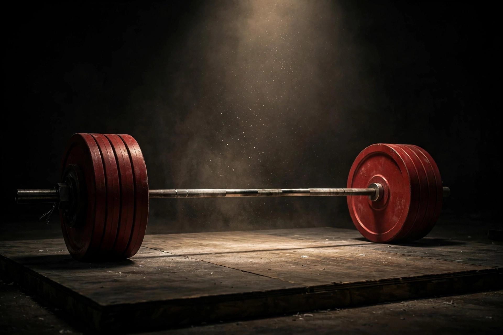 Loaded competition barbell with red plates on a platform under a single spotlight, chalk dust in the air