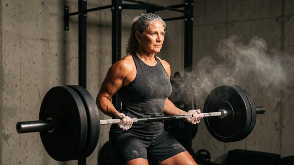 Woman with grey hair squatting a heavy chalk-covered barbell in an industrial gym with concrete walls