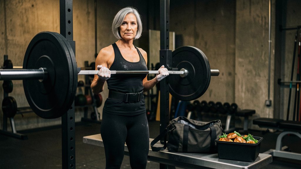 Fit older woman holding a heavy barbell in a gym, with a meal prep container and gym bag on a bench nearby
