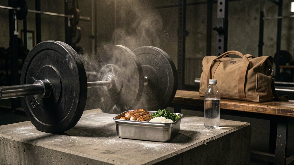 Barbell loaded with black plates resting beside a meal prep container with chicken, rice, and vegetables in a gym