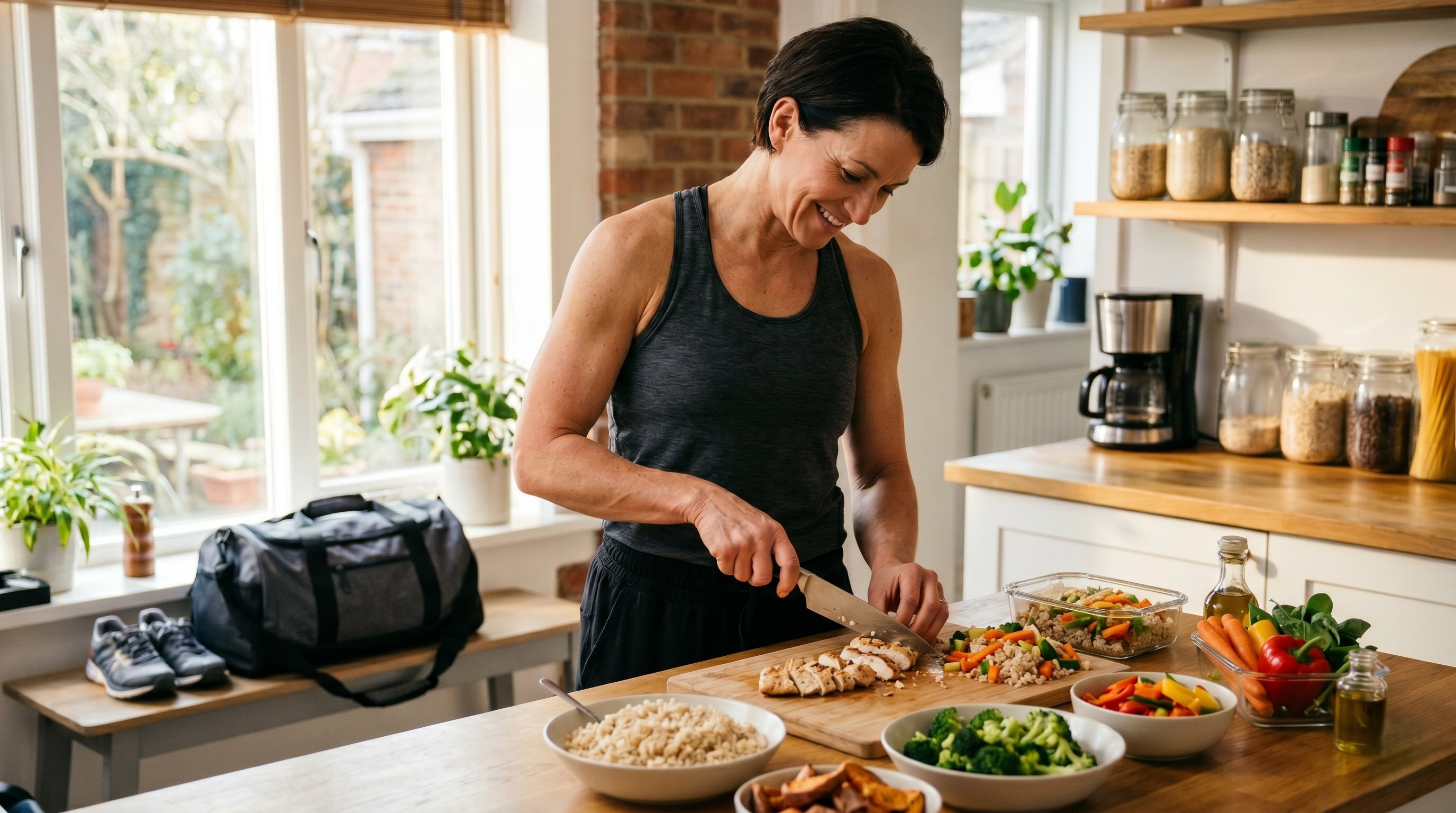 Fit lifter in a bright kitchen prepping a high-protein meal with a gym bag beside them