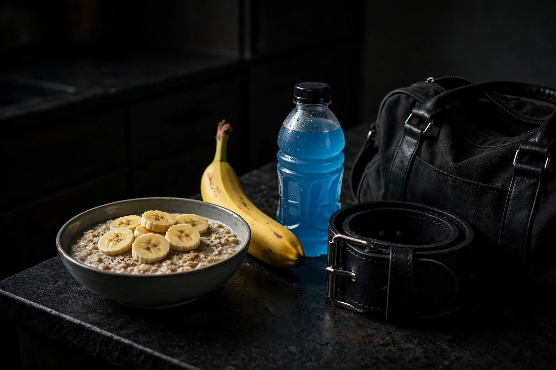 A bowl of oatmeal with banana, a sports drink, a gym bag and a lifting belt on a dark counter before training