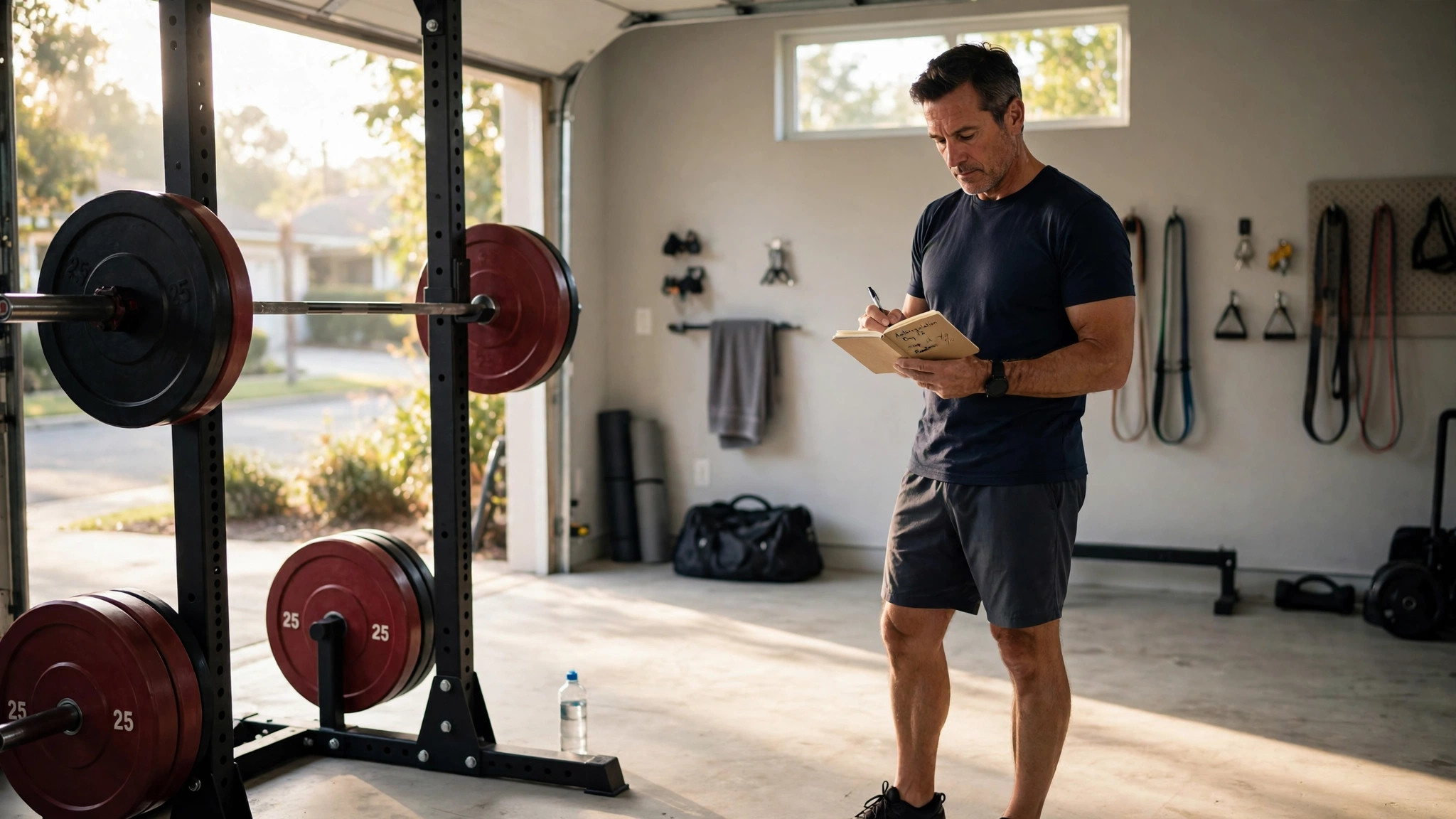 Lifter in a bright daylight garage gym reviewing his training log beside a loaded barbell