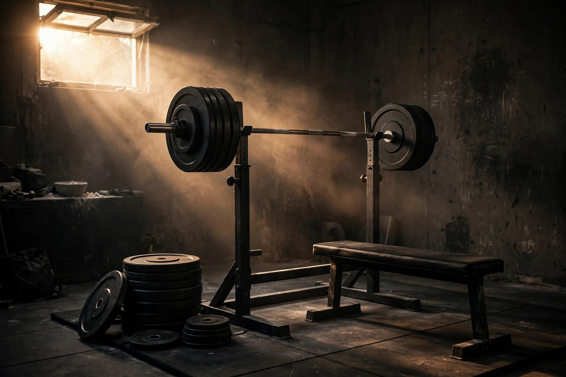 Loaded barbell on a squat rack in a dark garage gym with weight plates and a flat bench nearby, chalk dust in the warm dramatic light, powerlifting training