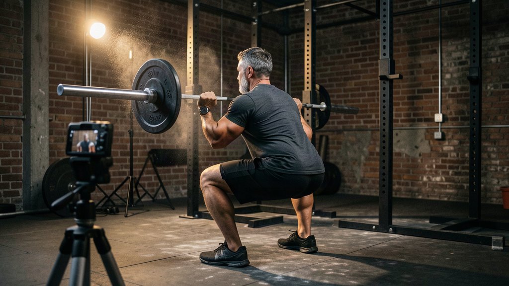 Muscular middle-aged man performing a heavy back squat while a camera on a tripod films the set