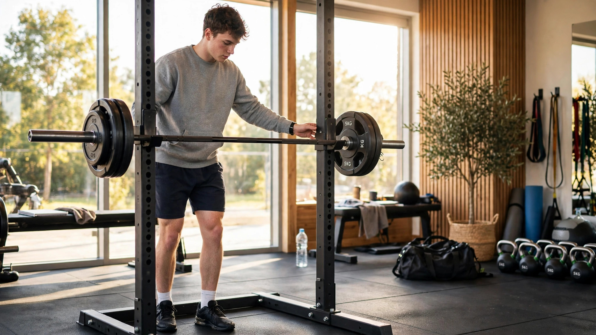 A beginner lifter setting up for a barbell back squat in a bright gym, warm natural daylight