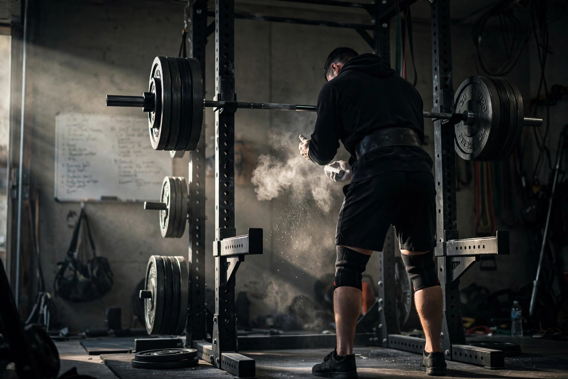 Lifter in a dark garage gym unracking a loaded barbell for squats from a heavy power rack, chalk on his hands, a whiteboard training log on the wall behind him