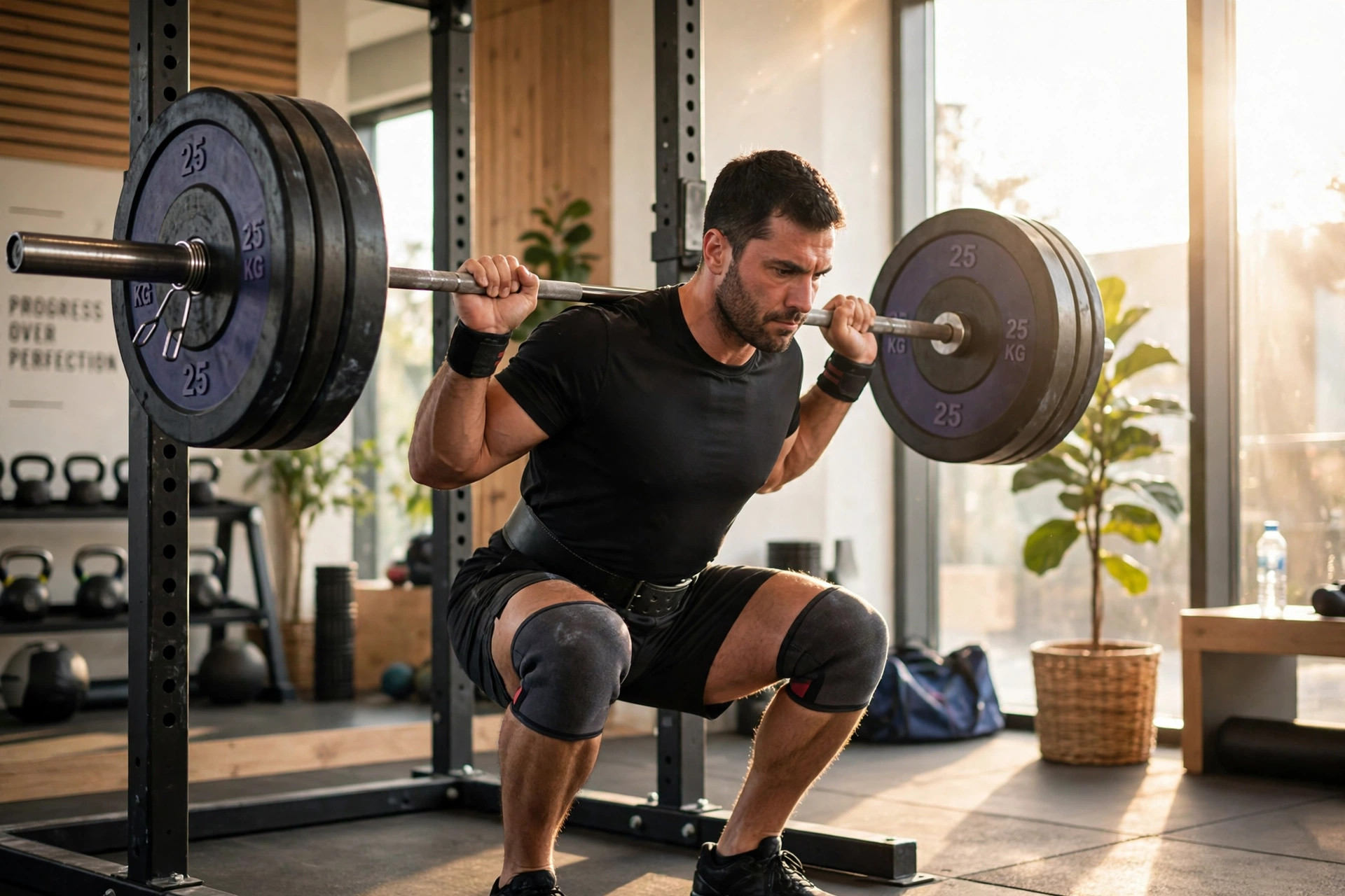 A strength athlete performing a heavy low-bar back squat under a loaded barbell in a bright gym, warm natural daylight