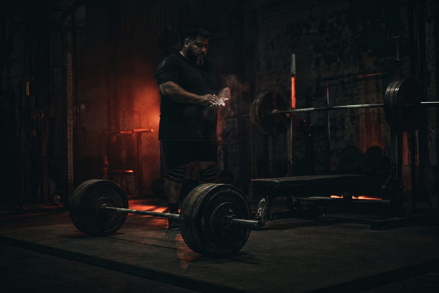 Loaded barbell on a powerlifting platform with a bench and squat rack in a dark gym