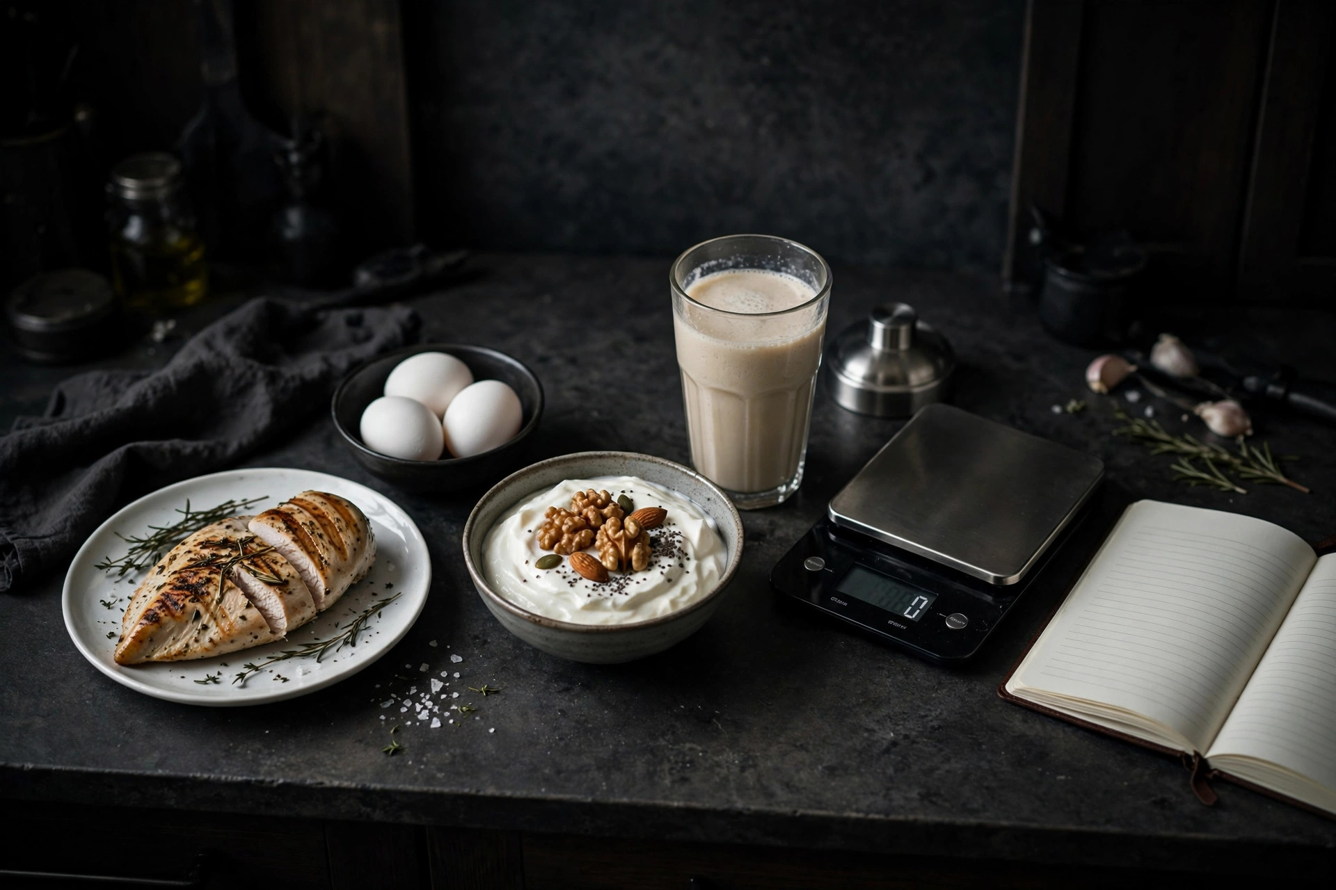 Grilled chicken, eggs, Greek yogurt and a protein shake on a dark kitchen counter beside a food scale and training notebook