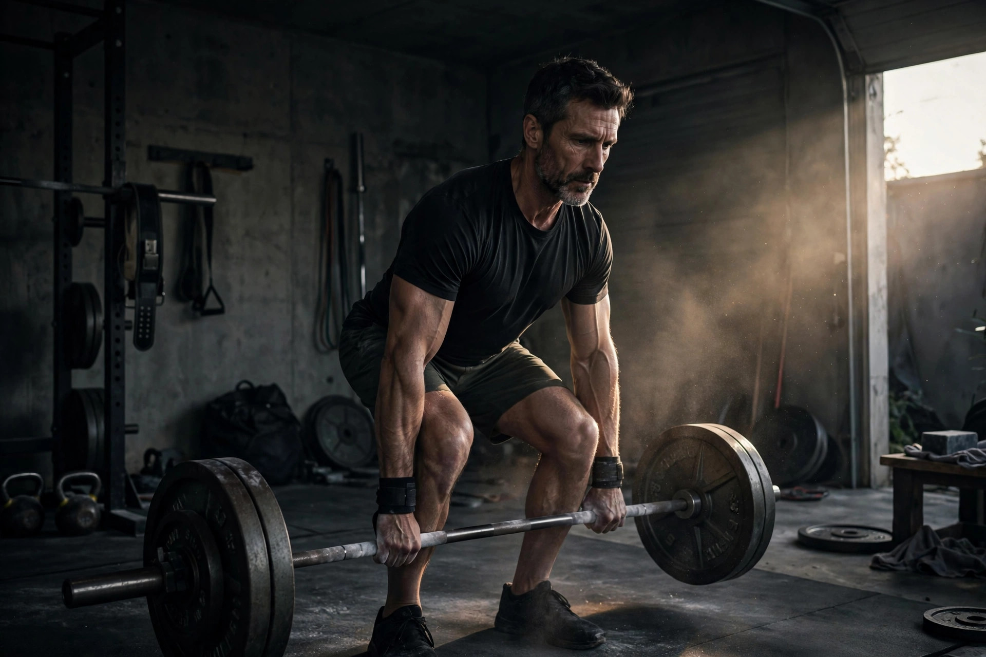 A lifter in his forties performing a heavy barbell deadlift in a dark garage gym with chalk dust in the air
