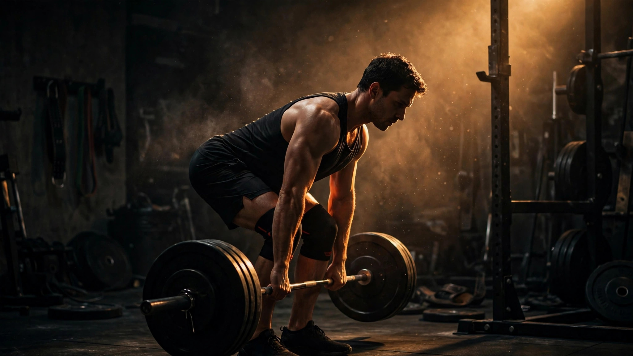 Lifter in a dark garage gym mid-hinge with a loaded barbell sliding down his thighs, flat back and long arms, chalk dust in the air, hamstrings loaded at the bottom of a Romanian deadlift