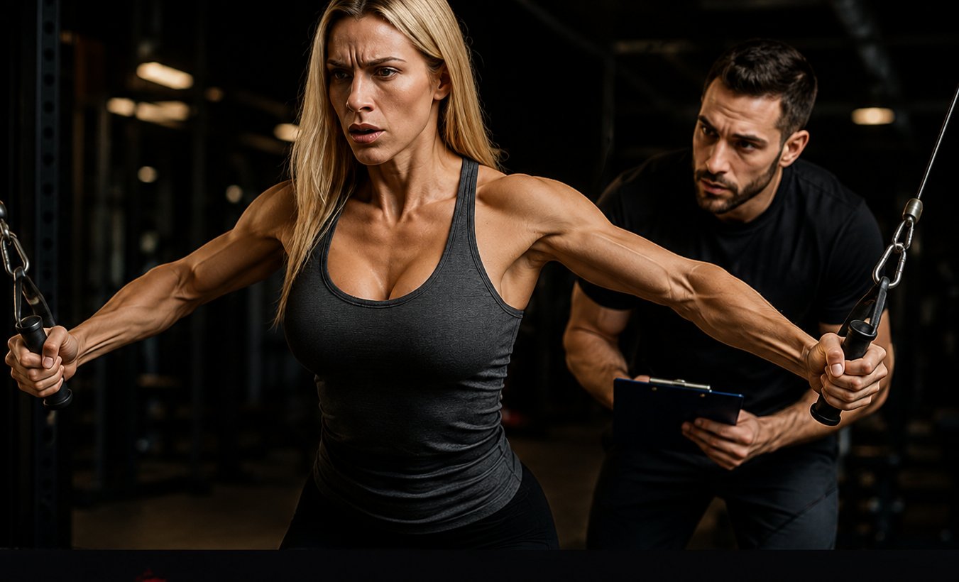 Powerlifter working a cable machine with her coach tracking the set