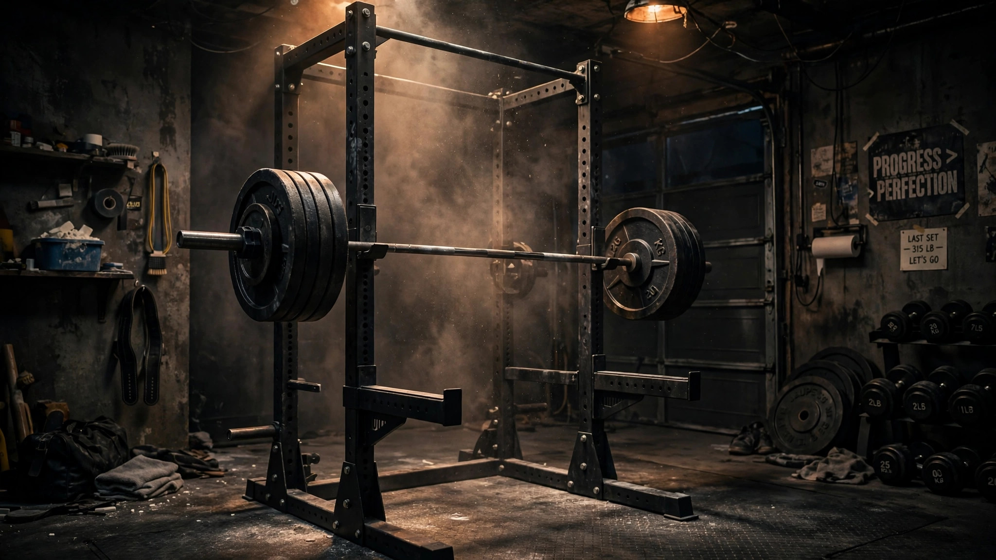 Loaded barbell on a squat rack in a dark garage gym, chalk dust hanging in the warm dramatic light, high-frequency squat training