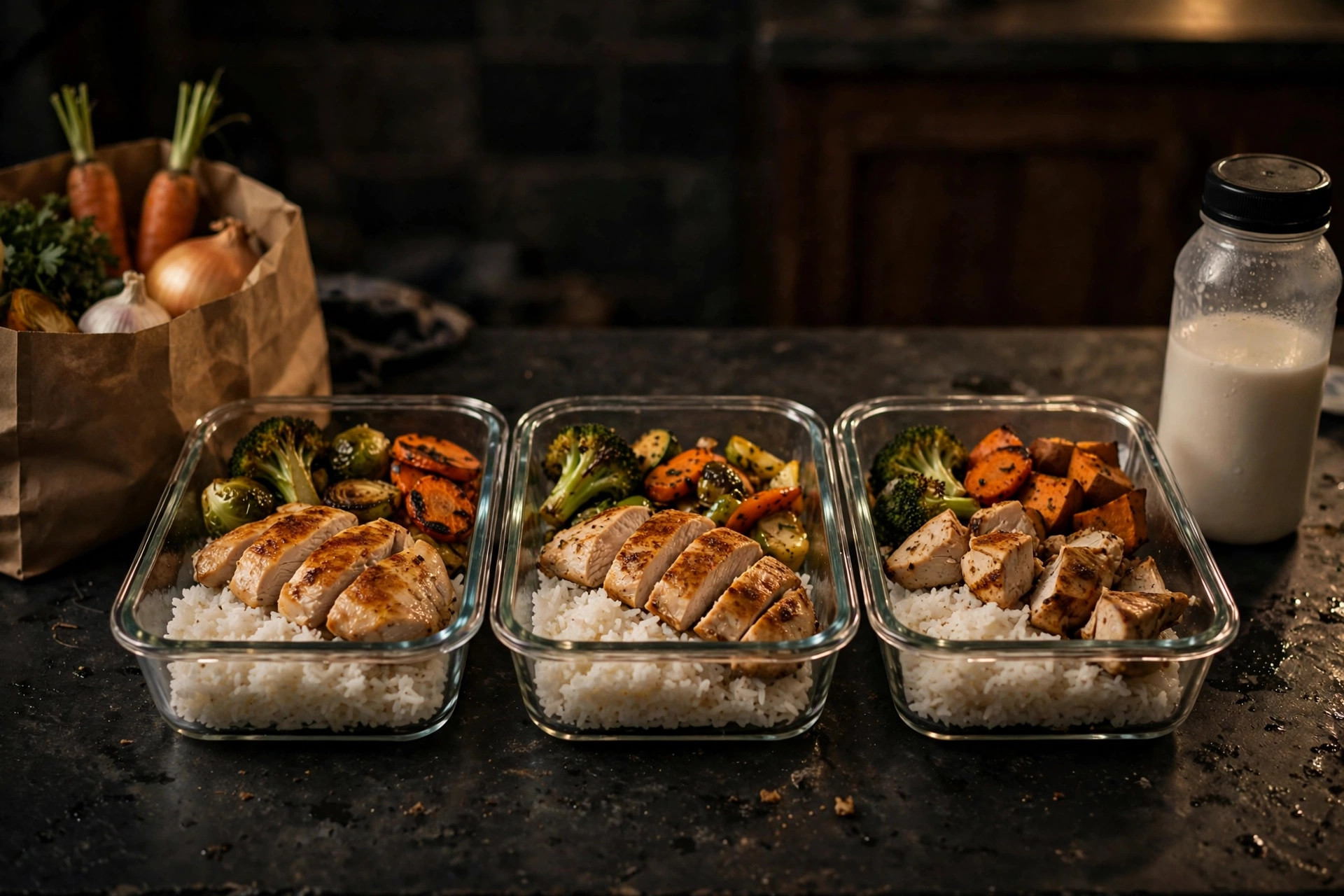 Glass meal-prep containers with rice, chicken, and roasted vegetables lined up on a dark kitchen counter, a grocery bag and a protein shake nearby
