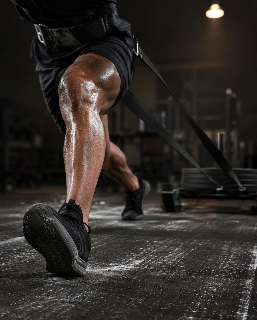 Close-up of a lifter's legs mid-stride during a backward sled drag, showing VMO engagement