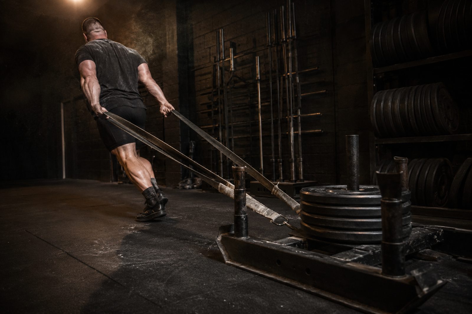 Lifter dragging a heavy sled backward across a dark gym floor