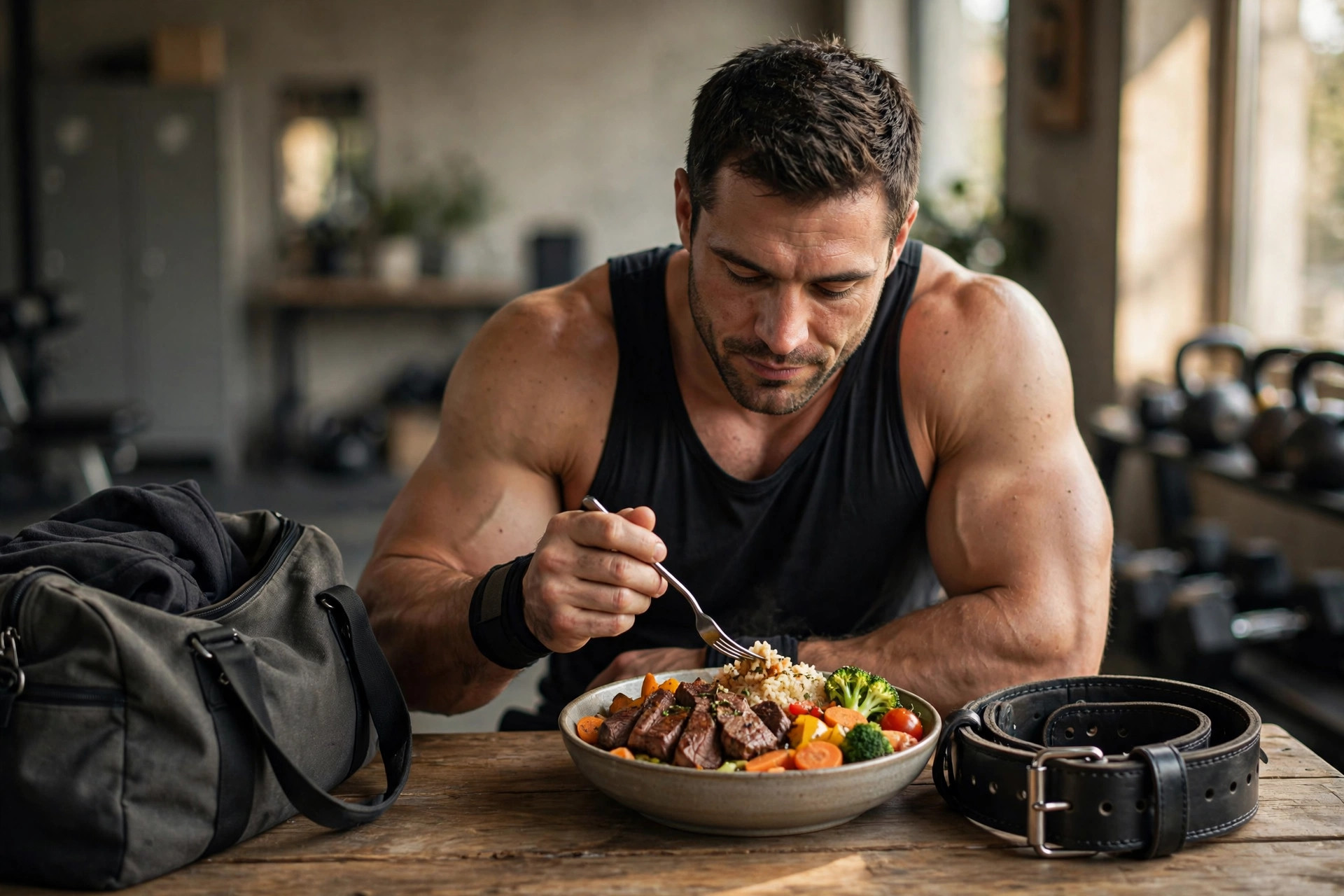 A muscular lifter eating a hearty bowl of beef, rice and vegetables at a wooden table with his gym bag and lifting belt beside the plate