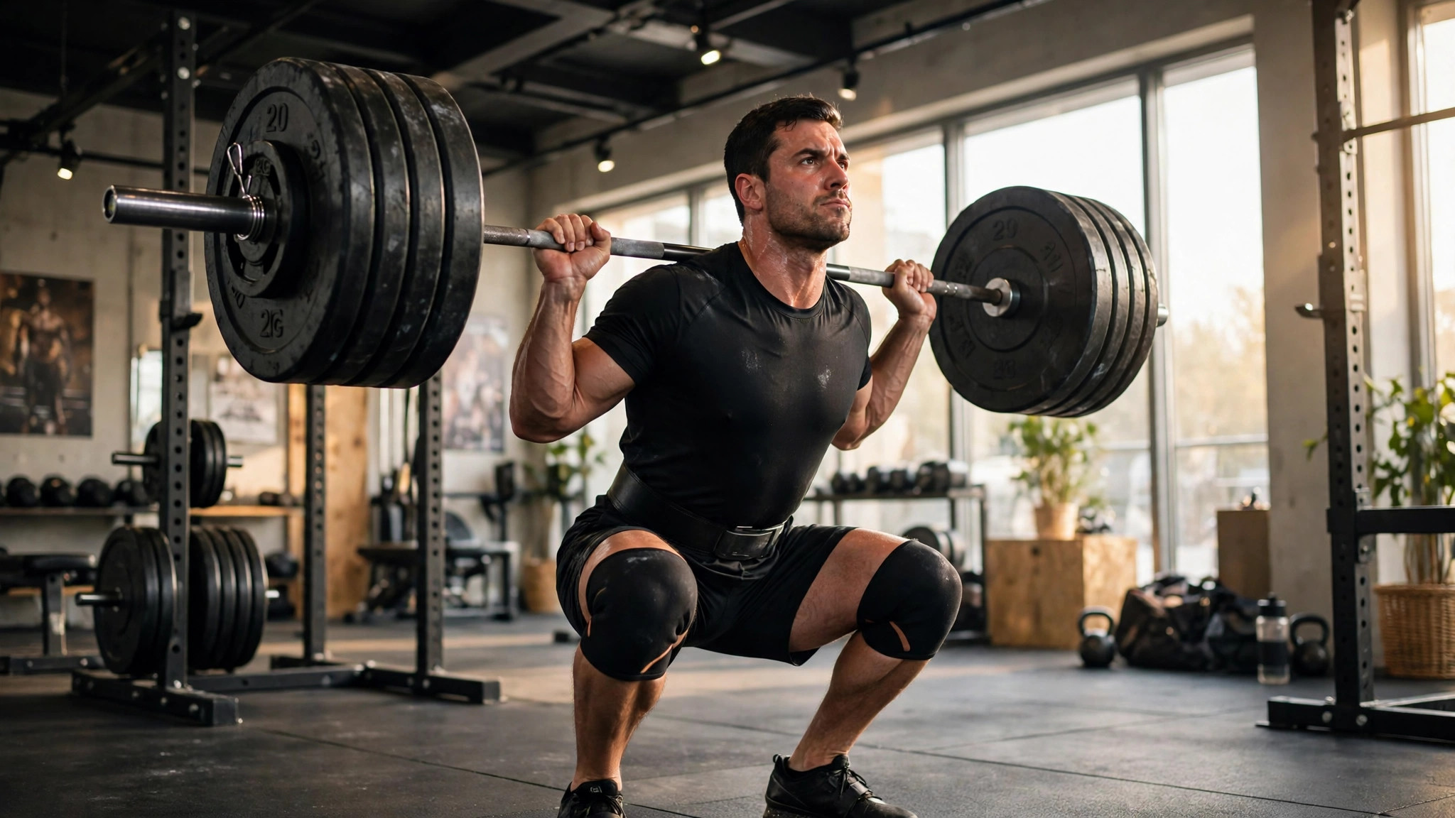 A lifter driving out of a deep heavy back squat under a loaded barbell in a bright gym, warm natural daylight