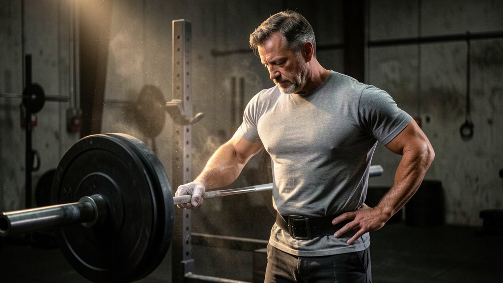 Middle-aged lifter gripping a barbell with a gloved hand, standing focused in a dimly lit gym