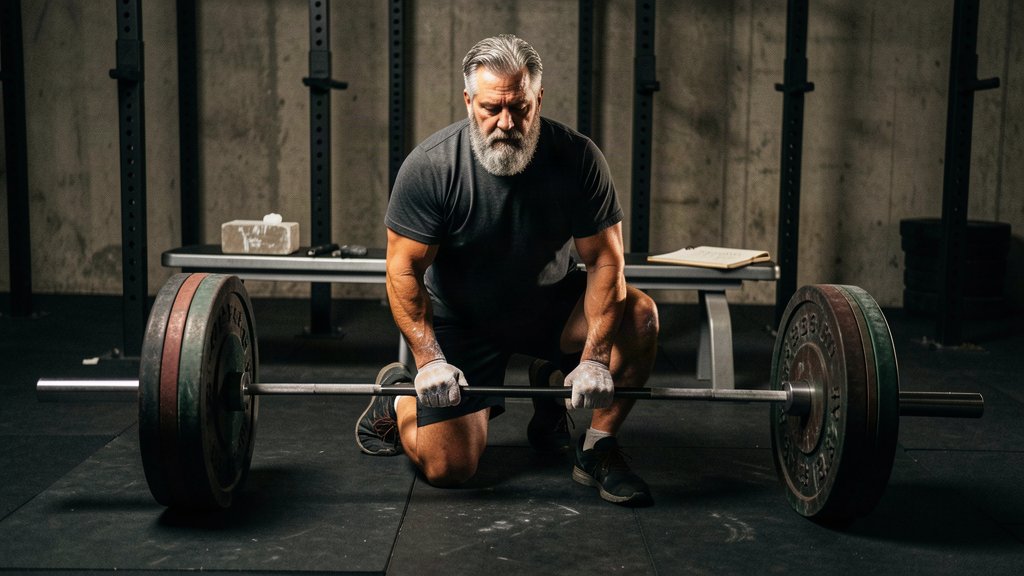 Muscular older man with a grey beard kneeling on a gym floor, gripping a loaded barbell as he prepares to lift