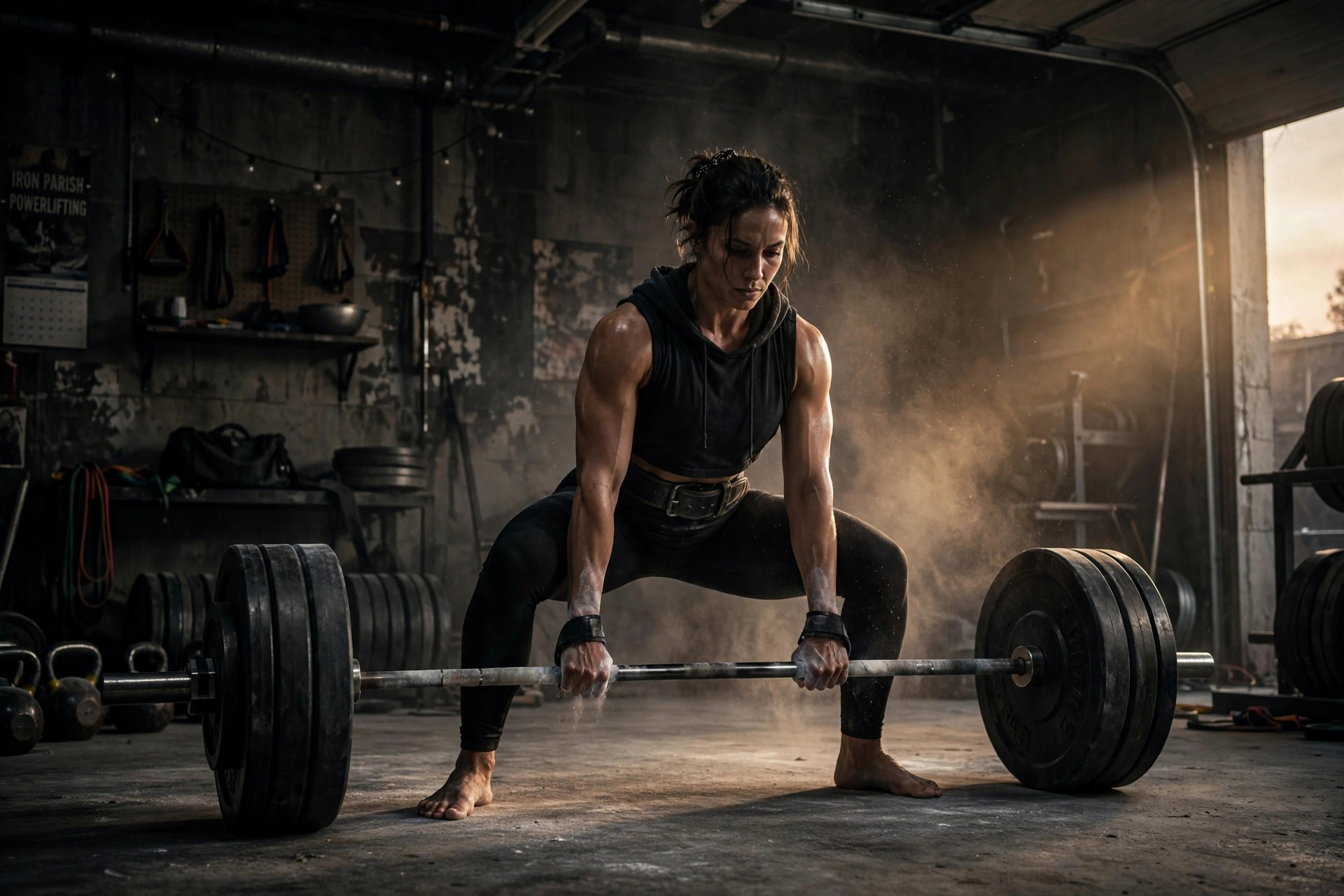 Lifter in a dark garage gym locked into a sumo deadlift start position, wide stance with shins vertical, hands hooked on the bar inside the knees, flat back and chest proud, chalk dust in the air