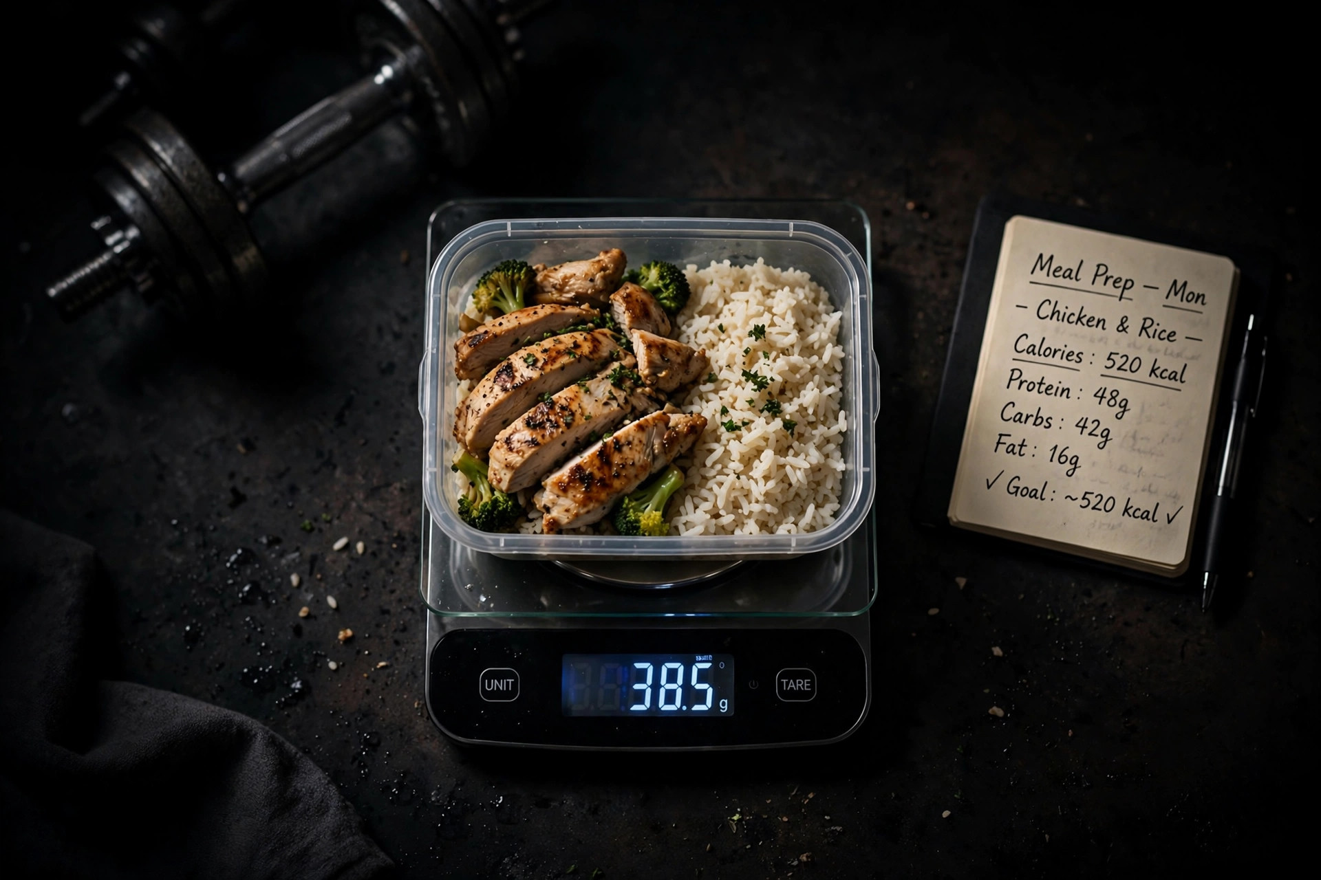 Meal-prep container of chicken and rice on a food scale with a notebook tracking calories and macros