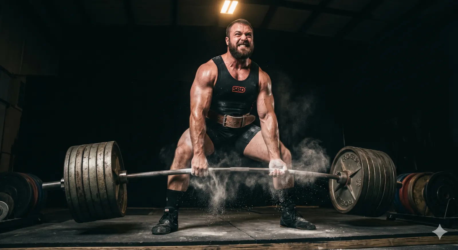 Powerlifter mid-deadlift with chalk dust in a dark gym